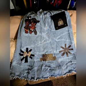 Blue Denim Skirt with Patches